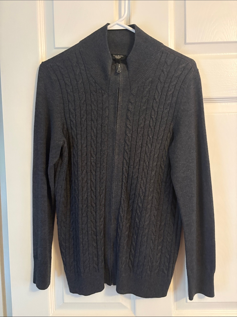 Talbots Charcoal Gray Cable Knit Zip-Front Sweater, size large petite